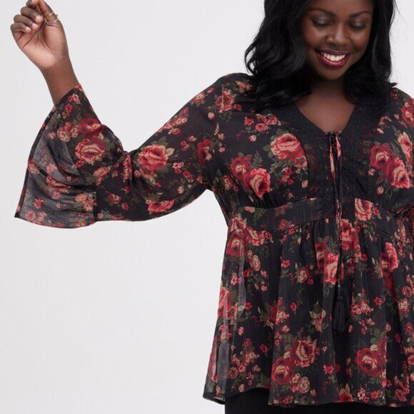 Black Torrid Chiffon Blouse Sheer Babydoll Lurex Crochet Boho Red Floral… - Picture 6 of 11
